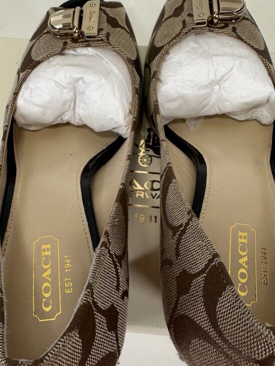 COACH Helaine Peep Toe Monogram Buckle Accent Pumps - Picture 5 of 9